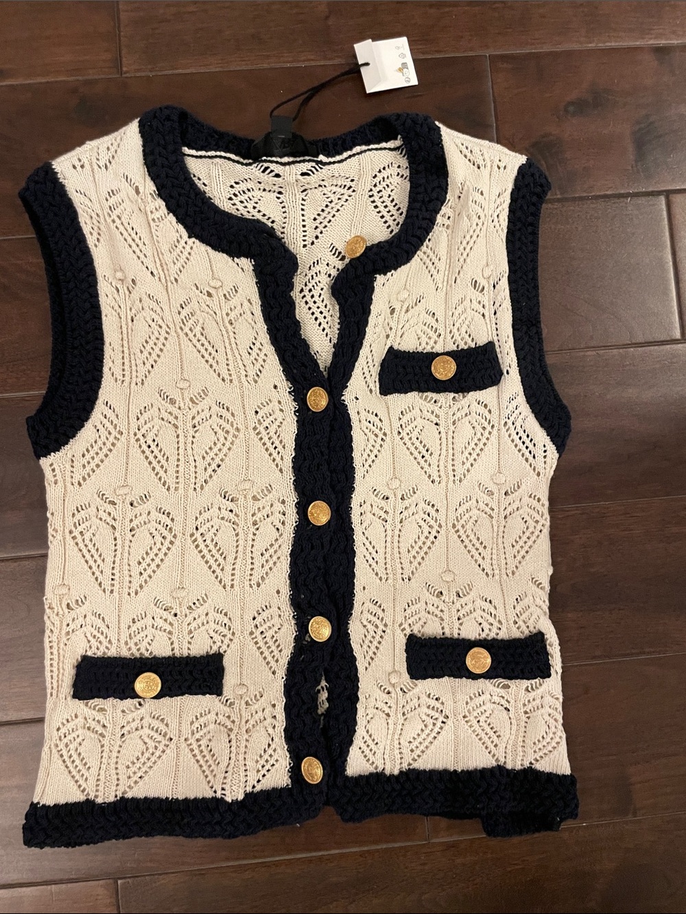 Zara crochet vest nwt cream and navy gold buttons SZ-small